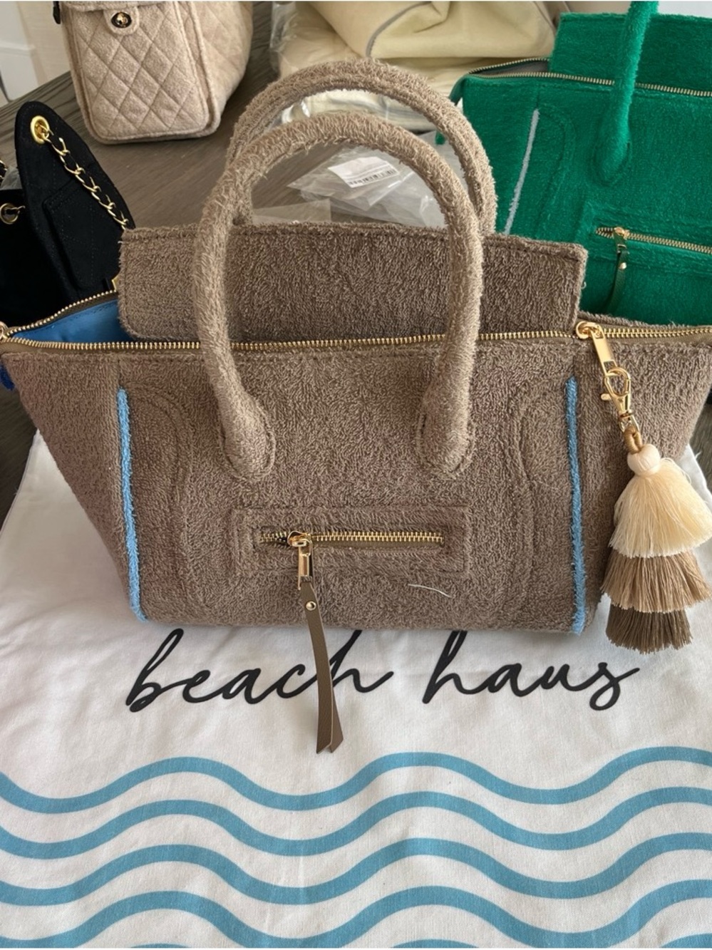 New Celine Taupe Terry Tote Bag with Blue Trim and Tassel